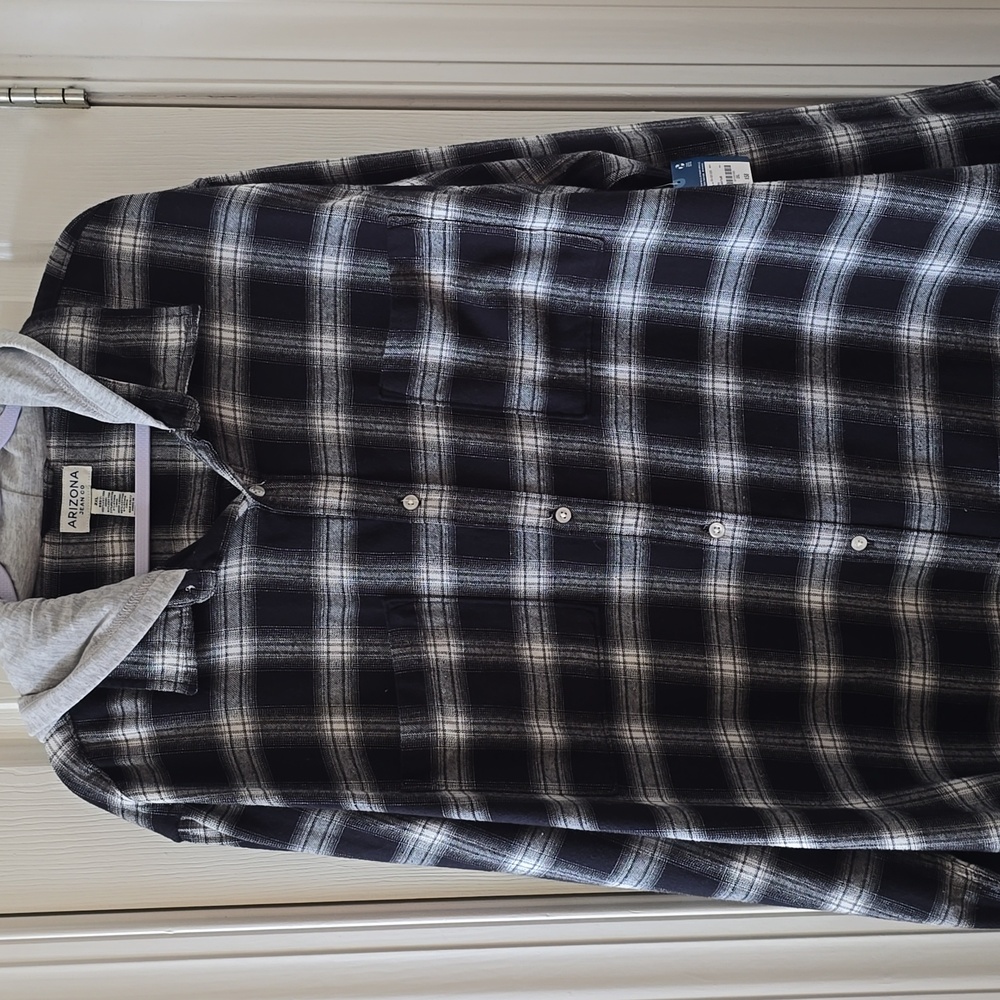 ARIZONA JEAN CO MENS BIG & TALL BLACK AND WHITE PLAID HOODED FLANNEL SHIRT 2XL
